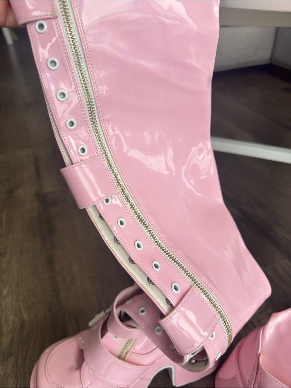 DEMONIA Platform Knee-High Buckle Boots - Pink - Picture 10 of 11